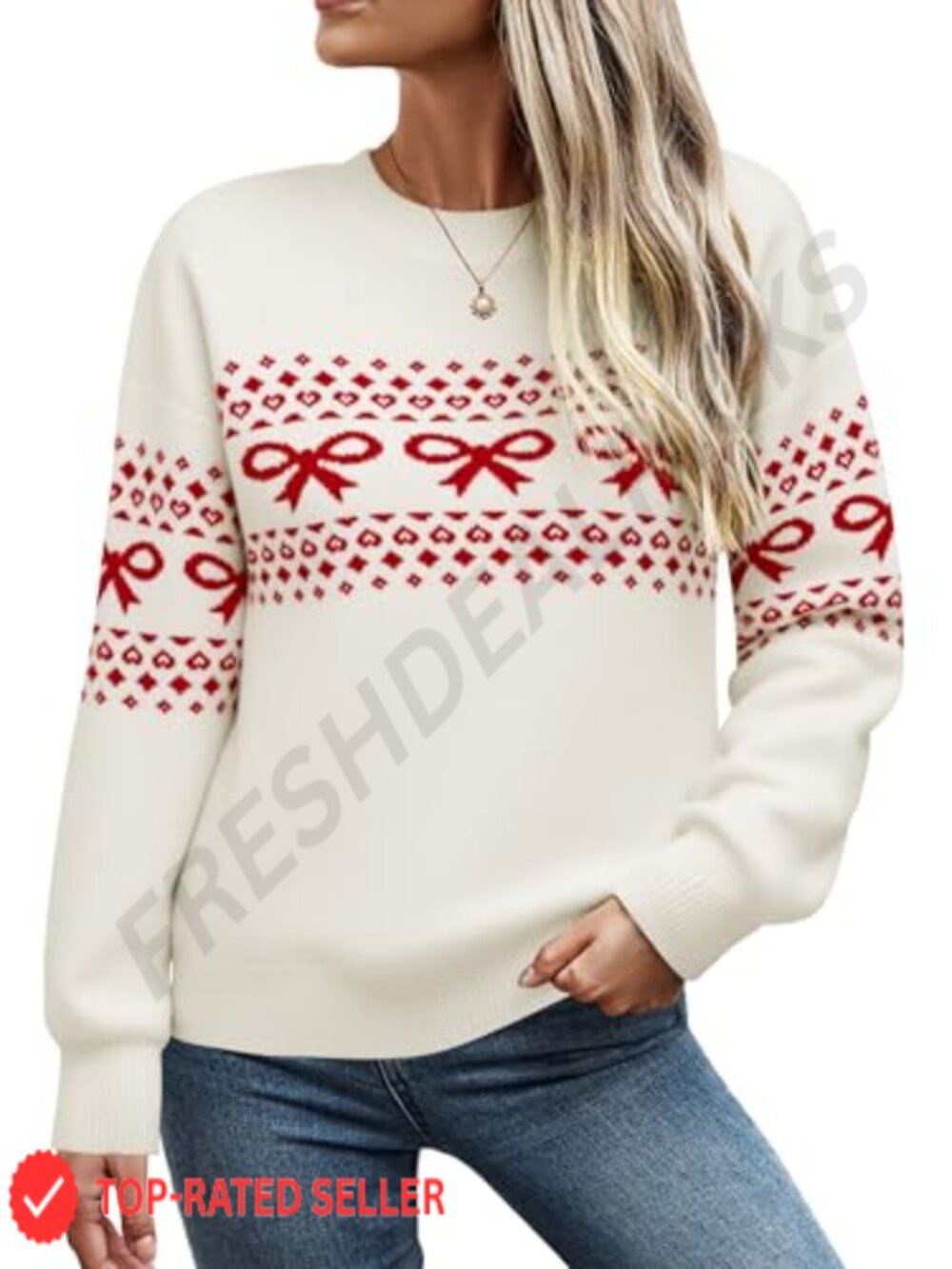 Fair Isle Christmas Bow Sweater Womens Knit Crew Neck Pullover